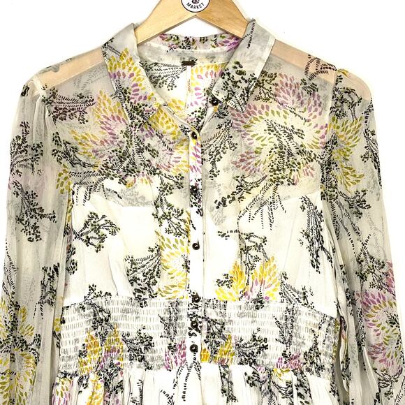 Free People Floral Peasant Dress Womens S Ivory Sheer Tiered Ruffles Boho Flowy - Picture 4 of 11